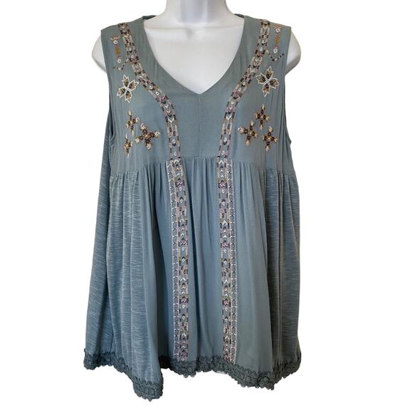 Amaryllis Blue Embroidered Sleeveless Baby Doll Tank Top Size Medium - Picture 1 of 7